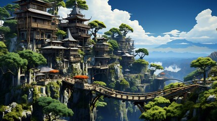 Poster - Image of mountain town with bridge over it.