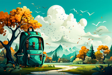 Wall Mural - Blue backpack sitting on top of lush green field.