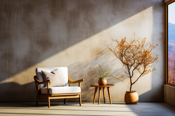 Poster - Chair and table with vase and tree.