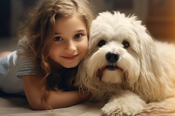 Canvas Print - little girl holding dog on the floor