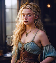 Saxon Princess With Long Wavy Blonde Hair Wears Off The Shoulder Dress And Tiara. Setting Is The Interior Of A Palace Or Castle Blurred In The Background.