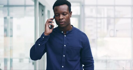 Poster - Phone call, serious and black man in business, communication or listening in startup office. Smartphone, creative and professional walking in discussion, speaking to contact or designer networking