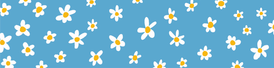 Wall Mural - Hand-drawn White Flowers on Blue background, drawn in chalk grunge. Cute free-hand daisy banner. Flower backdrop.
