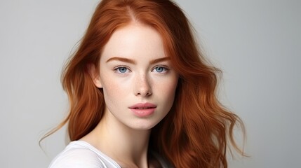 Wall Mural - closeup portrait of a redheaded woman with a studio background - mockup template for skincare/beauty products/ads (generative AI)
