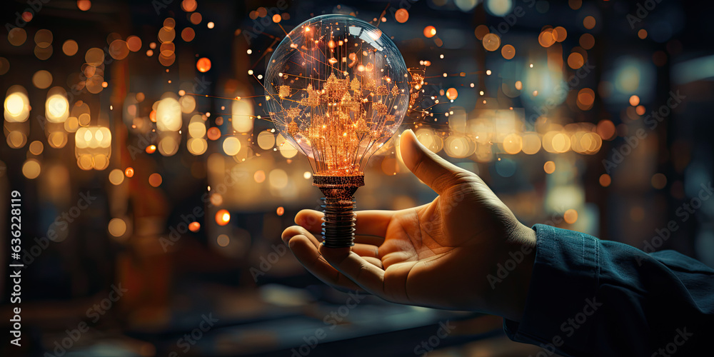 Hand holding a glowing light bulb with a network of innovation icons ...
