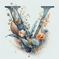 Wall Mural - V letter flower, watercolor style Generative AI