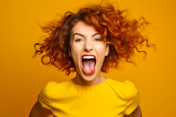 Poster - Woman with red hair and yellow shirt is making funny face.