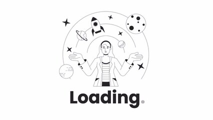 Poster - Rocket scientist presenting orbit planets bw loading animation. Female engineer outline 2D cartoon character 4K video loader motion graphic. Rocket launch animated gif isolated on white background