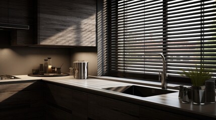 Stylish modern interior. Venetian black blinds in the kitchen created with Generative AI technology