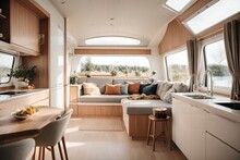 A Spacious And Modern Kitchen And Living Area In A Recreational Vehicle