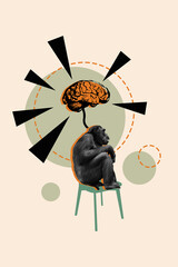 Sticker - Vertical collage picture of minded monkey animal sit chair think huge connected brain isolated on drawing beige background