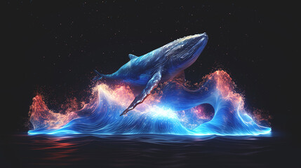 Wall Mural - whale, fantasy landscape, neon. neon wave. ai generation