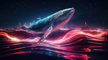 Wall Mural - whale, fantasy landscape, neon. neon wave. ai generation