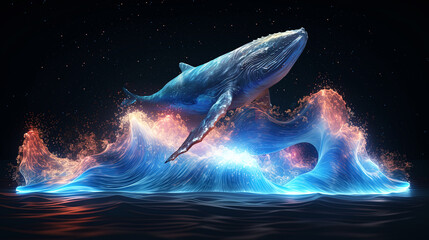 Wall Mural - whale, fantasy landscape, neon. neon wave. ai generation