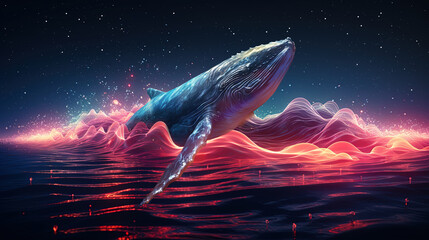 Wall Mural - whale, fantasy landscape, neon. neon wave. ai generation