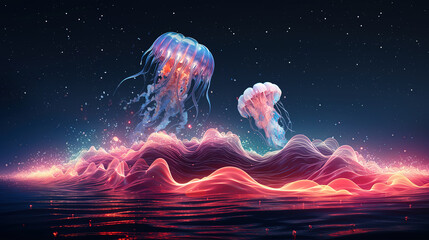 Wall Mural - neon wave, jellyfish, dark abstract background. ai generation