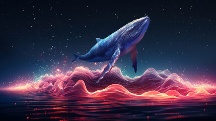 Wall Mural - whale, fantasy landscape, neon. neon wave. ai generation
