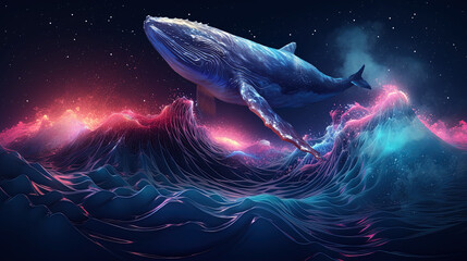 Wall Mural - whale, fantasy landscape, neon. neon wave. ai generation