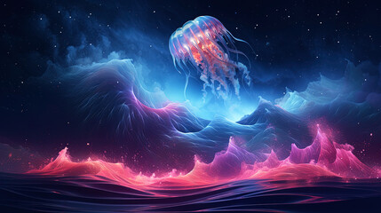 Sticker - Neon wave, jellyfish, dark abstract background. AI generation