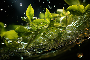 Poster - A close-up of fresh thyme leaves suspended in mid-air, capturing their delicate structure and aromatic essence. Generative AI technology.