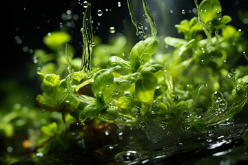 Aufkleber - A close-up of fresh thyme leaves suspended in mid-air, capturing their delicate structure and aromatic essence. Generative AI technology.