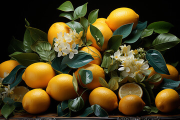 Aufkleber - An arrangement of fresh citrus fruits, including oranges and lemons, alongside zested lime leaves, highlighting their zestful nature.  Generative AI technology.