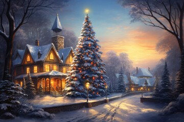 Christmas tree postcard in the courtyard of a snow-covered house in winter. Merry christmas and happy new year concept