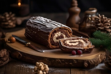 yule log cake, log-shaped festive dessert with cream filling