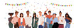 © Salomi art - A multinational group of men and women celebrate the event with party hats, confetti and garlands. Festive team of friends, cooperation and colaboration, flat vector cartoon illustration isolated on