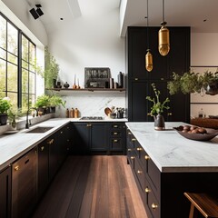 Open-concept luxury kitchen with black cabinetry with gold accents. Large kitchen island with additional seating and pendant lighting.