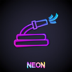 Poster - Glowing neon line Garden hose icon isolated on black background. Spray gun icon. Watering equipment. Vector