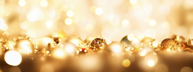 Poster - Beautiful New Year widescreen blurred background with golden balls and Christmas lights.