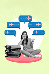 Sticker - Creative abstract template graphics collage image of lady booking new journey flight modern device isolated colorful background