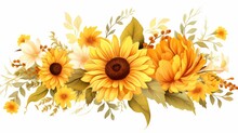 Autumn Sunflowers Beautiful Bouquet. Modern Watercolor Floral Art Design. AI Botanical Illustration For Weddings, Invitations, Greeting Cards, Print.