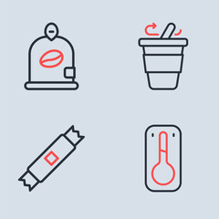 Sticker - Set line Coffee cup to go, Sugar stick packets, thermometer and Bag coffee beans icon. Vector