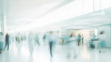 Abstract Motion Blur Image Of People Crowd Walking At Hospital Office Building In City Downtown, Blurred Background, Business Center, Medical Technology Concept, Generative AI