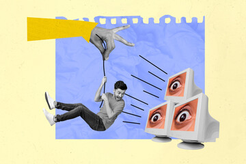Leinwandbilder - Photo artwork collage graphic illustration of young scared guy hanging rope espionage computer display eyes spy isolated on blue background