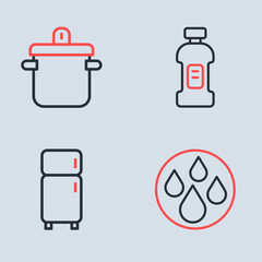 Sticker - Set line Bottle for detergent, Refrigerator, Water drop and Cooking pot icon. Vector