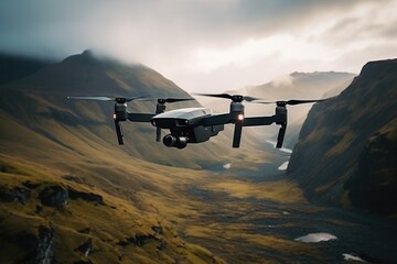 The drone flies over the mountains. Drone in the sky.