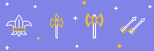Set Line Medieval Arrows, Poleaxe, And Fleur De Lys Or Lily Flower Icon. Vector