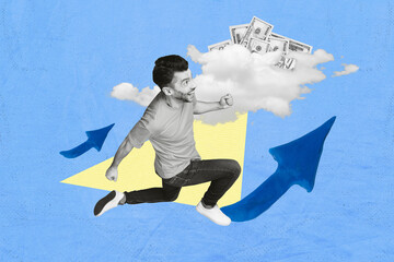 Sketch surreal collage retro pop poster of cheerful guy dream earn money increase improve savings isolated on drawing sky clouds background