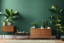 Green Interior With Dresser, Lounge Chair, Plants And Decor