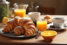 Breakfast With Croissant And Coffee And Orange Juice