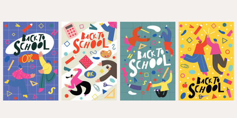 Wall Mural - Set of school posters in the cartoon design. A set of vibrant and informative school posters with eye-catching designs and illustrations. Vector illustration.