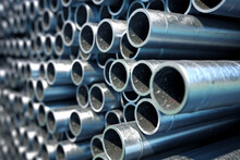 Galvanized Steel Pipe In Stacks In A Warehouse. Industrial Building Materials - Aluminum Alloy Pipes, Chrome-plated Stainless Steel. Generative AI