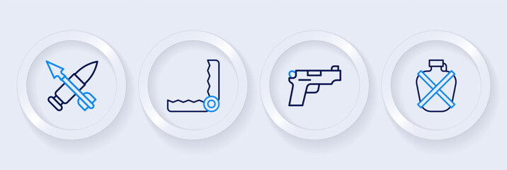 Sticker - Set line Canteen water bottle, Pistol or gun, Trap hunting and Crossed bullet with arrow icon. Vector