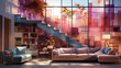 Futuristic home interior with cozy sofa in the center. Future house with glass decoration