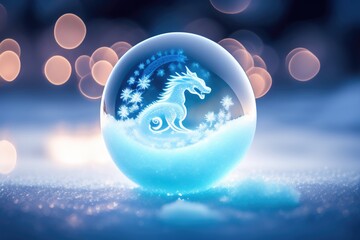Poster - A beautiful snow globe with an ice dragon on the snow. AI generated.