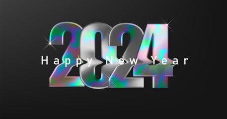 Wall Mural - Happy new year with holographic numbers 2024. Typography design concept in y2k aesthetics