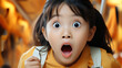 Surprised asian little girl looking at camera with open mouth